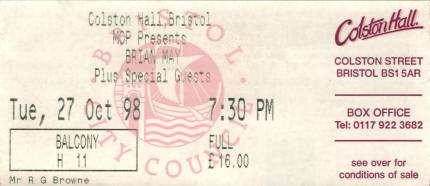 Ticket stub - Brian May live at the Colston Hall, Bristol, UK [27.10.1998]