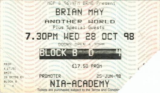 Ticket stub - Brian May live at the National Indoor Arena, Birmingham, UK [28.10.1998]