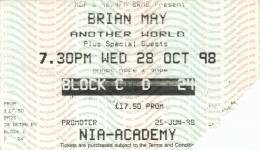 Ticket stub - Brian May live at the National Indoor Arena, Birmingham, UK [28.10.1998]
