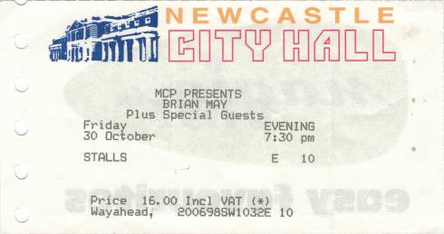 Ticket stub - Brian May live at the City Hall, Newcastle, UK [30.10.1998]