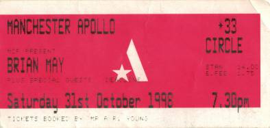 Ticket stub - Brian May live at the Apollo Theatre, Manchester, UK [31.10.1998]
