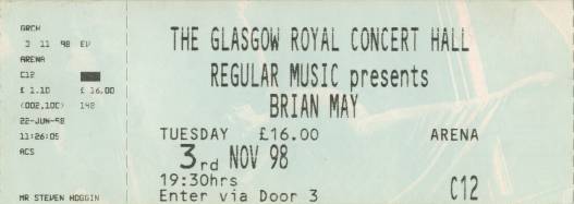 Ticket stub - Brian May live at the The Glasgow Royal Concert Hall, Glasgow, UK [03.11.1998]