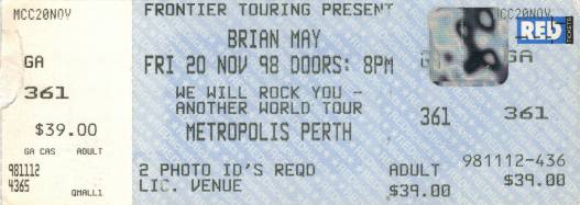 Ticket stub - Brian May live at the Metropolis, Perth, Australia [20.11.1998]