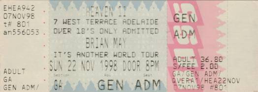 Ticket stub - Brian May live at the Heaven II, Adelaide, Australia [22.11.1998]