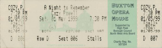 Ticket stub - Brian May live at the Opera House, Buxton, UK (Cozy Powell tribute with SAS Band) [01.05.1999]