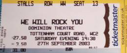 Ticket stub - Brian May live at the Dominion Theatre, London, UK (WWRY musical) [27.09.2003]