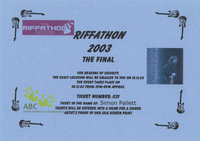 Ticket stub - Brian May live at the University of Surrey, Guildford, UK (Riffathon 2003 - The Final) [20.12.2003]