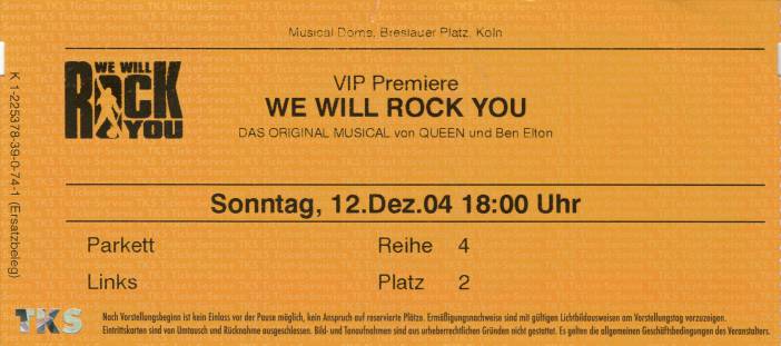 Ticket stub - Brian May + Roger Taylor live at the Flora, Cologne, Germany (WWRY afterparty) [12.12.2004]