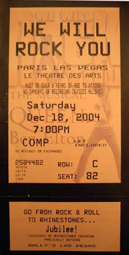 Ticket stub - Brian May live at the Paris, Las Vegas, NV, USA (WWRY musical) [18.12.2004]
