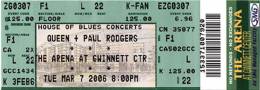 Ticket stub - Queen + Paul Rodgers live at the Gwinett Center, Duluth, GA, USA [07.03.2006]