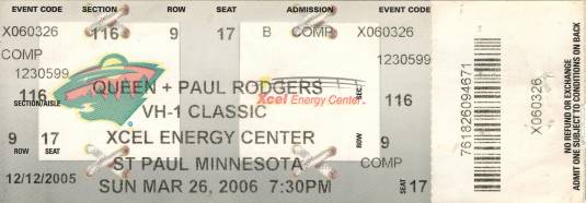 Ticket stub - Queen + Paul Rodgers live at the Xcel Energy Center, St. Paul, MN, USA [26.03.2006]