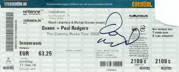 Ticket stub - Queen + Paul Rodgers live at the Velodrom, Berlin, Germany [21.09.2008]