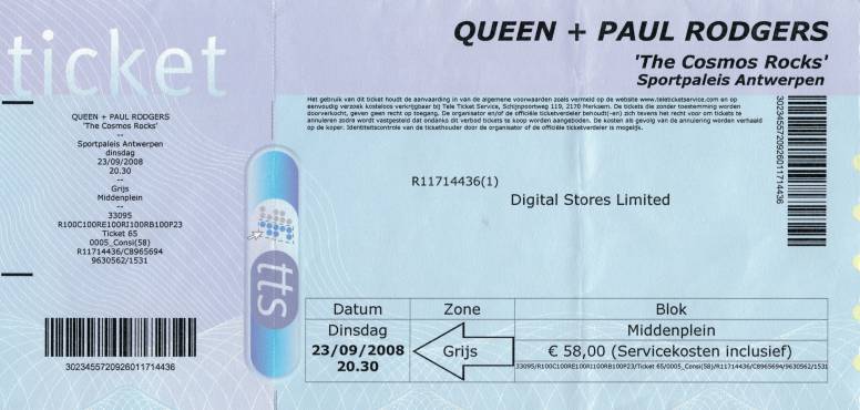 Ticket stub - Queen + Paul Rodgers live at the Sportpaleis, Antwerp, Belgium [23.09.2008]
