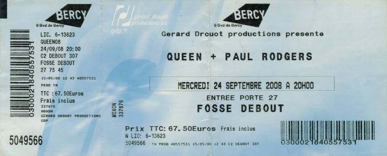 Ticket stub - Queen + Paul Rodgers live at the Bercy, Paris, France [24.09.2008]