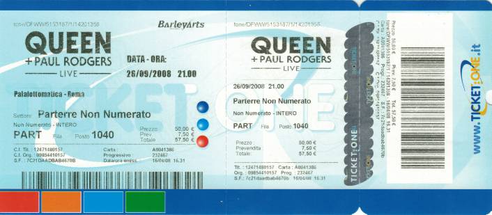 Ticket stub - Queen + Paul Rodgers live at the Palalottomatica, Rome, Italy [26.09.2008]