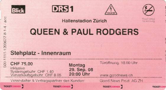 Ticket stub - Queen + Paul Rodgers live at the Hallenstadion, Zurich, Switzerland [29.09.2008]