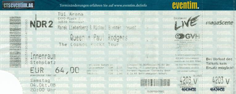 Ticket stub - Queen + Paul Rodgers live at the TUI Arena, Hanover, Germany [04.10.2008]