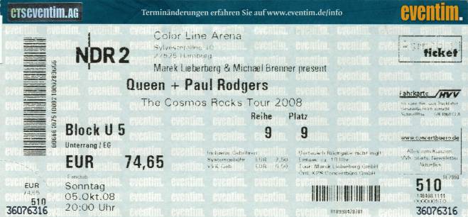 Ticket stub - Queen + Paul Rodgers live at the Color Line Arena, Hamburg, Germany [05.10.2008]