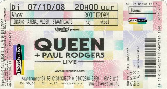 Ticket stub - Queen + Paul Rodgers live at the Ahoy, Rotterdam, The Netherlands [07.10.2008]