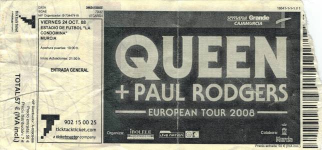 Ticket stub - Queen + Paul Rodgers live at the Estadio Municipal, Murcia, Spain [24.10.2008]