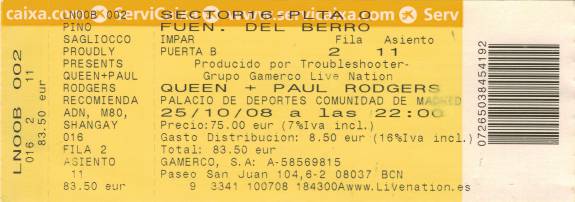 Ticket stub - Queen + Paul Rodgers live at the Palacio De Deportes, Madrid, Spain [25.10.2008]