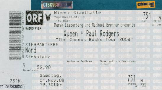 Ticket stub - Queen + Paul Rodgers live at the Stadthalle, Vienna, Austria [01.11.2008]