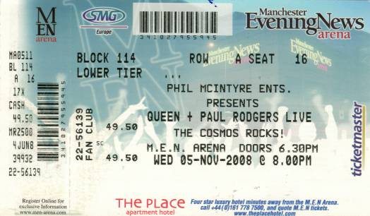 Ticket stub - Queen + Paul Rodgers live at the MEN Arena, Manchester, UK [05.11.2008]