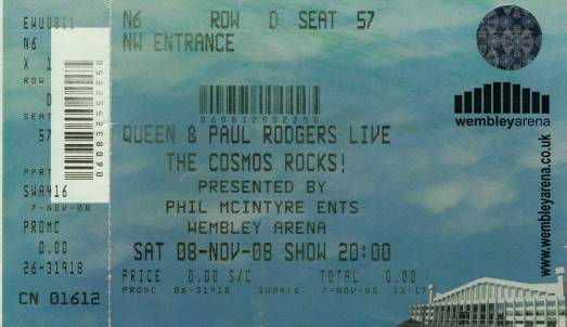 Ticket stub - Queen + Paul Rodgers live at the Wembley Arena, London, UK [08.11.2008]