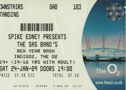 Ticket stub - Roger Taylor live at the IndigO2, London, UK (with SAS Band (Jeff Scott Soto, Patti Russo, Madeline Bell, Graham Gouldman, Toyah Wilcox and Roy Wood)) [24.01.2009]