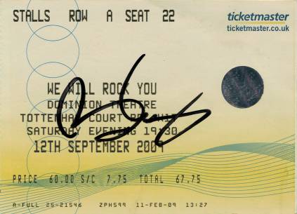 Ticket stub - Brian May live at the Dominion Theatre, London, UK (WWRY musical) [12.09.2009]
