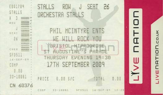 Ticket stub - Brian May live at the Hippodrome, Bristol, UK (WWRY musical) [17.09.2009]