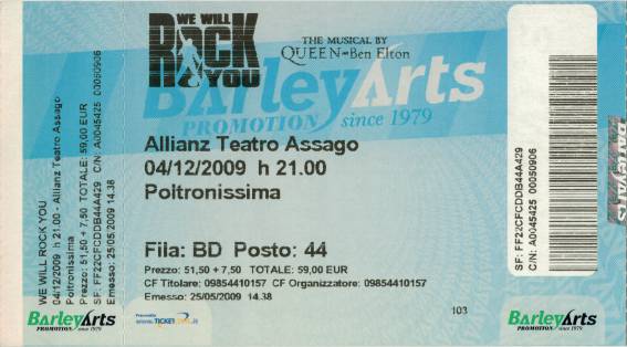 Ticket stub - Brian May live at the Allianz Teatro, Milan, Italy (WWRY musical premiere) [04.12.2009]