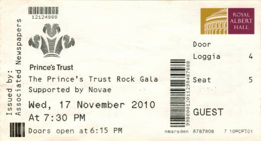 Ticket stub - Brian May + Roger Taylor live at the Royal Albert Hall, London, UK (Princes Trust Rock Gala) [17.11.2010]