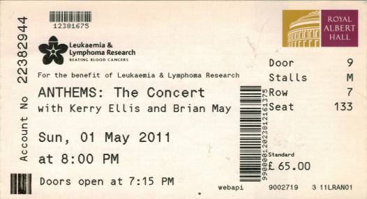 Ticket stub - Brian May live at the Royal Albert Hall, London, UK (2nd gig) [01.05.2011]