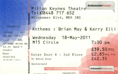 Ticket stub - Brian May live at the Theatre, Milton Keynes, UK [18.05.2011]