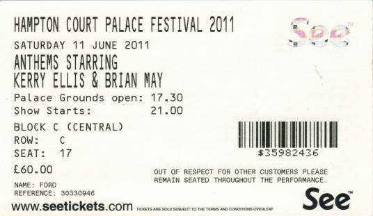 Ticket stub - Brian May live at the Court Palace, Hampton, UK [11.06.2011]