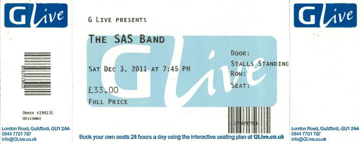 Ticket stub - Roger Taylor live at the G Live, Guildford, UK (with SAS Band) [03.12.2011]