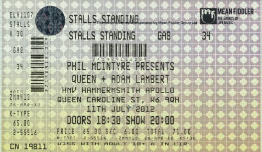 Ticket stub - Queen + Adam Lambert live at the Hammersmith Apollo, London, UK [11.07.2012]