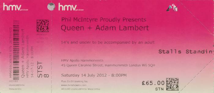 Ticket stub - Queen + Adam Lambert live at the Hammersmith Apollo, London, UK [14.07.2012]