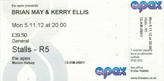 Ticket stub - Brian May live at the The Apex, Bury St Edmunds, UK [05.11.2012]