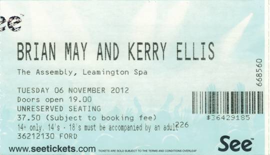 Ticket stub - Brian May live at the The Assembly, Leamington Spa, UK [06.11.2012]