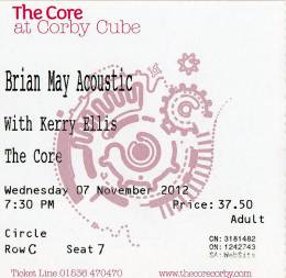 Ticket stub - Brian May live at the The Core at Corby Cube, Corby, UK [07.11.2012]