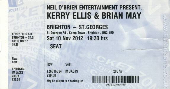 Ticket stub - Brian May live at the St. Georges Church, Brighton, UK [10.11.2012]
