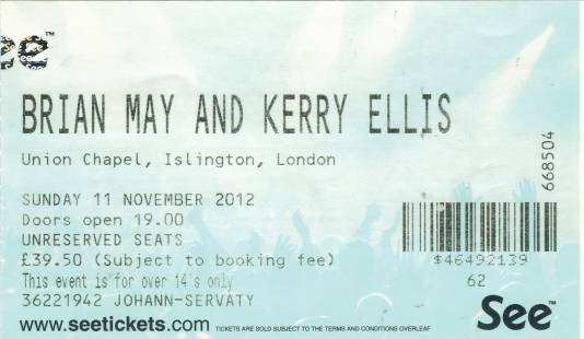 Ticket stub - Brian May live at the Union Chapel, London, UK [11.11.2012]