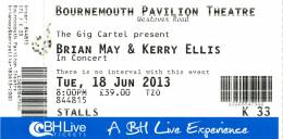 Ticket stub - Brian May live at the Pavilion Theatre, Bournemouth, UK [18.06.2013]