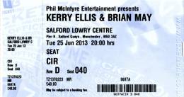 Ticket stub - Brian May live at the Salford Quays, The Lowry, Manchester, UK [25.06.2013]