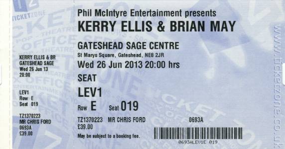 Ticket stub - Brian May live at the The Sage, Gateshead, UK [26.06.2013]