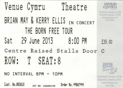 Ticket stub - Brian May live at the Venue Cymru, Llandudno, UK [29.06.2013]