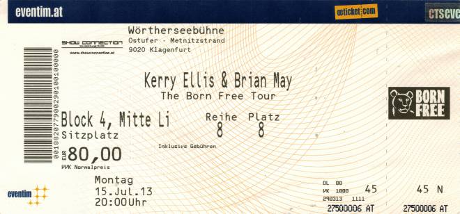 Ticket stub - Brian May live at the Wörtherseebühne, Klagenfurt, Austria [15.07.2013]