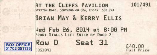 Ticket stub - Brian May live at the Cliffs Pavilion, Southend, UK [26.02.2014]